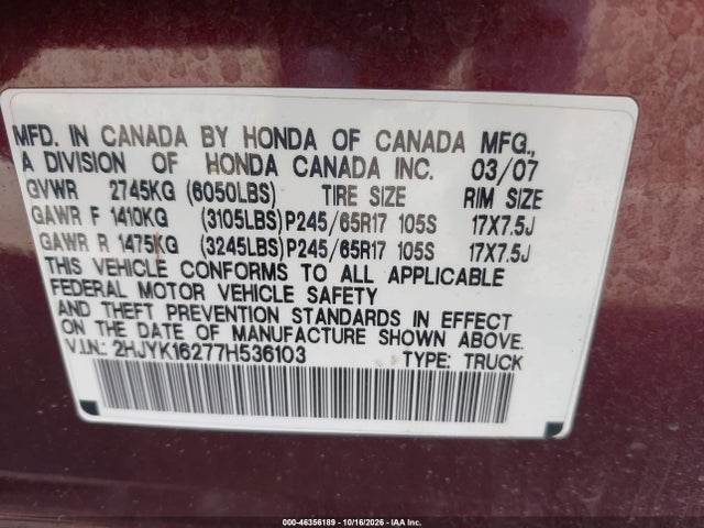 Auction sale of the 2007 Honda Ridgeline Rt, vin: 2HJYK16277H536103, lot number: 46356189