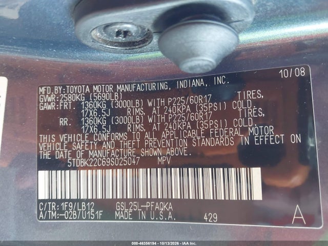 Продажа на аукционе авто 2009 Toyota Sienna Limited, vin: 5TDBK22C69S025047, номер лота: 46356194