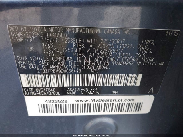 46356205 :رقم المزاد ، 2T3ZFREV9DW066448 vin ، 2013 Toyota Rav4 Le مزاد بيع