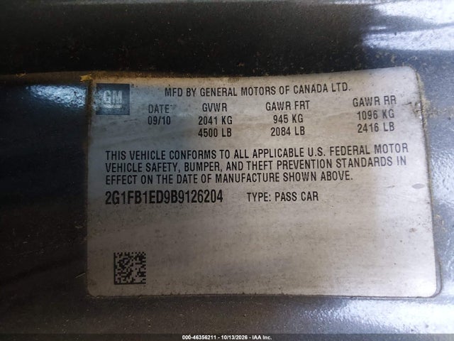 46356211 :رقم المزاد ، 2G1FB1ED9B9126204 vin ، 2011 Chevrolet Camaro 1lt مزاد بيع