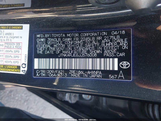 Aukcja sprzedaży 2018 Toyota Corolla Im, vin: JTNKARJE6JJ576008, numer aukcji: 46356216