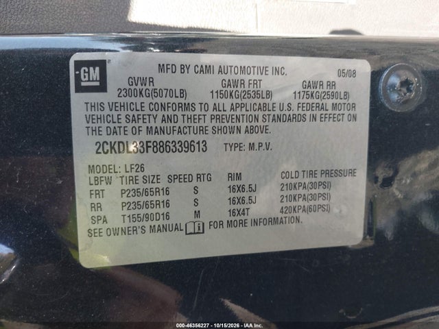 Aukcja sprzedaży 2008 Pontiac Torrent, vin: 2CKDL33F886339613, numer aukcji: 46356227