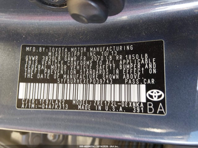 Продажа на аукционе авто 2014 Toyota Corolla Le Premium, vin: 5YFBURHEXEP039743, номер лота: 46356234