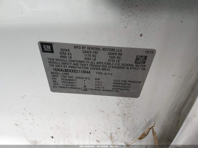 Aukcja sprzedaży 2014 Chevrolet Equinox 1lt, vin: 1GNALBEKXEZ113644, numer aukcji: 46356249