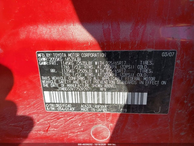 Aukcja sprzedaży 2007 Toyota Rav4, vin: JTMBD33V775092971, numer aukcji: 46356252
