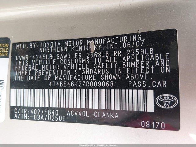 46356267 :رقم المزاد ، 4T4BE46K27R009068 vin ، 2007 Toyota Camry Le مزاد بيع
