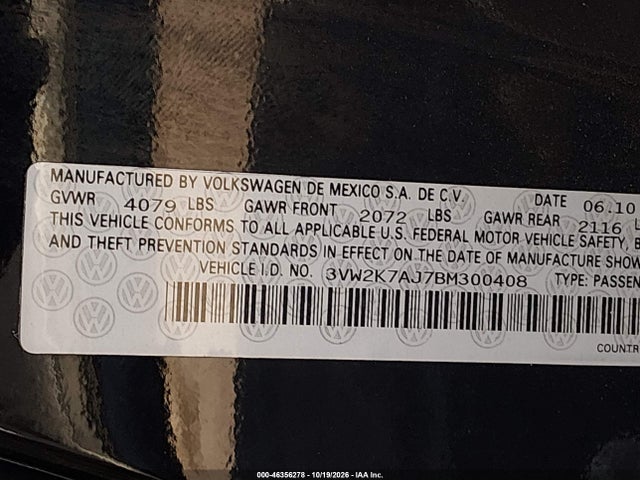 2011 Volkswagen Jetta 2.0l S მანქანა იყიდება აუქციონზე, vin: 3VW2K7AJ7BM300408, აუქციონის ნომერი: 46356278