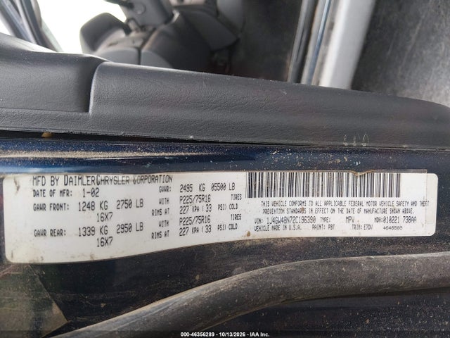 2002 Jeep Grand Cherokee Laredo მანქანა იყიდება აუქციონზე, vin: 1J4GW48N72C196390, აუქციონის ნომერი: 46356289