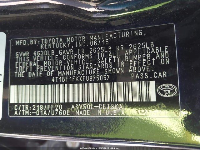 46356314 :رقم المزاد ، 4T1BF1FKXFU975057 vin ، 2015 Toyota Camry Se مزاد بيع