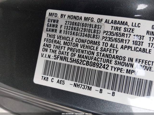 Продаж на аукціоні авто 2012 Honda Odyssey Ex-l, vin: 5FNRL5H62CB089242, номер лоту: 46356329