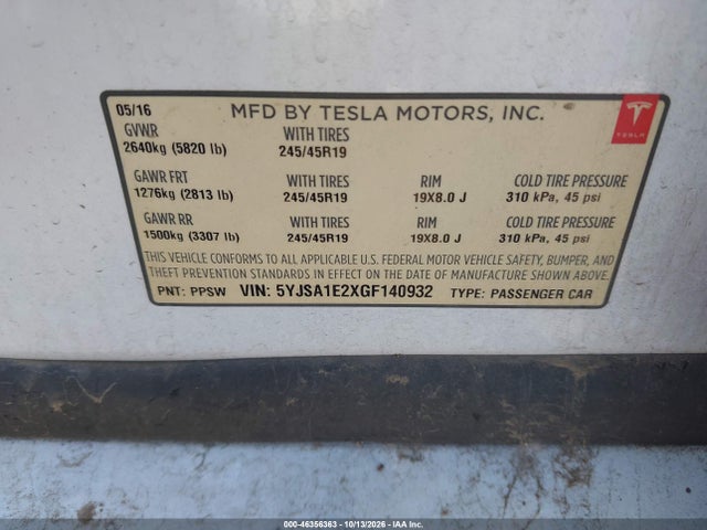 Tesla Model S 60d/70d/75d/85d/90d 2016 5YJSA1E2XGF140932 Image 9