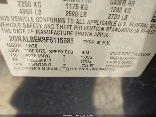 2015 Chevrolet Equinox 1lt მანქანა იყიდება აუქციონზე, vin: 2GNALBEK8F6115583, აუქციონის ნომერი: 46356377