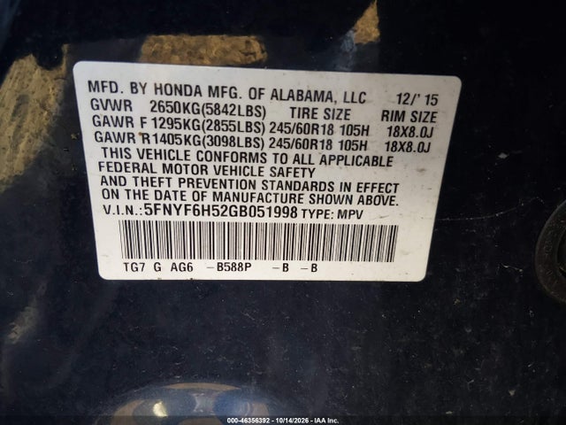 5FNYF6H52GB051998 Honda Pilot Ex-l