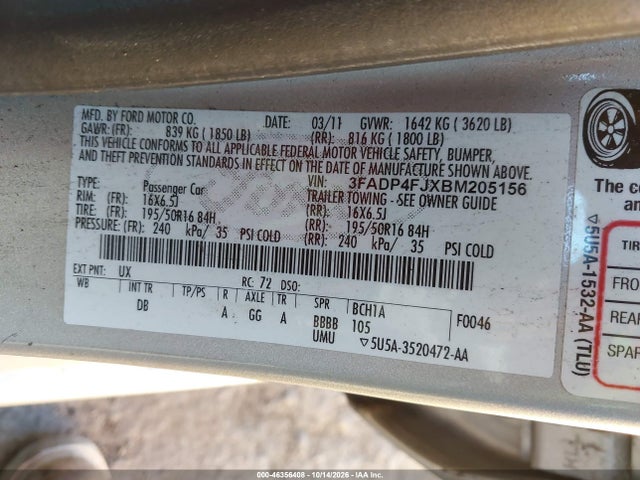 2011 Ford Fiesta Ses მანქანა იყიდება აუქციონზე, vin: 3FADP4FJXBM205156, აუქციონის ნომერი: 46356408