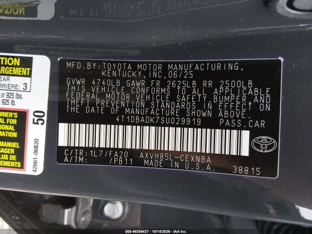 46356437 :رقم المزاد ، 4T1DBADK7SU029919 vin ، 2025 Toyota Camry Le مزاد بيع