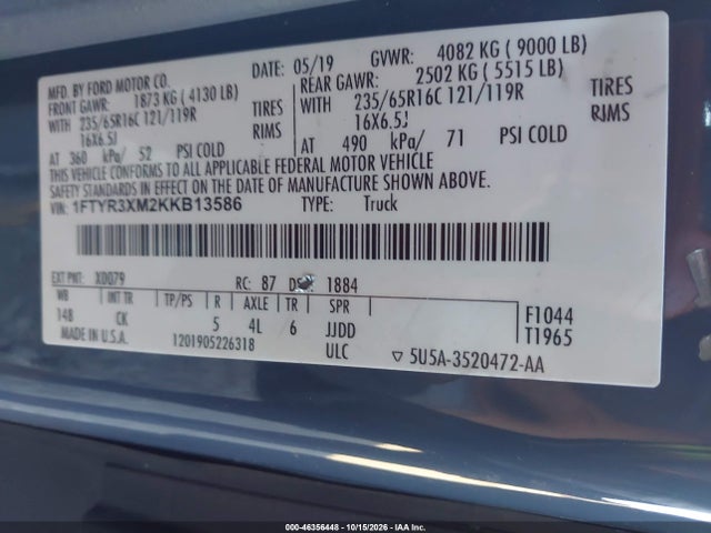2019 Ford Transit-250 მანქანა იყიდება აუქციონზე, vin: 1FTYR3XM2KKB13586, აუქციონის ნომერი: 46356448