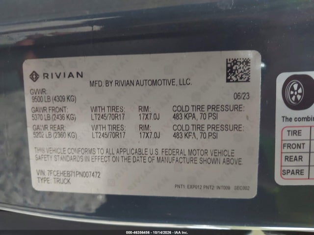 Продаж на аукціоні авто 2023 Rivian Delivery 700, vin: 7FCEHEB71PN007472, номер лоту: 46356456