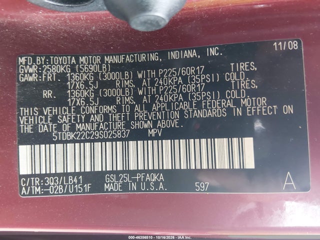 46356510 :رقم المزاد ، 5TDBK22C29S025837 vin ، 2009 Toyota Sienna Limited مزاد بيع