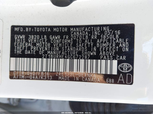 46356528 :رقم المزاد ، 2T1BURHE4GC672287 vin ، 2016 Toyota Corolla Le مزاد بيع