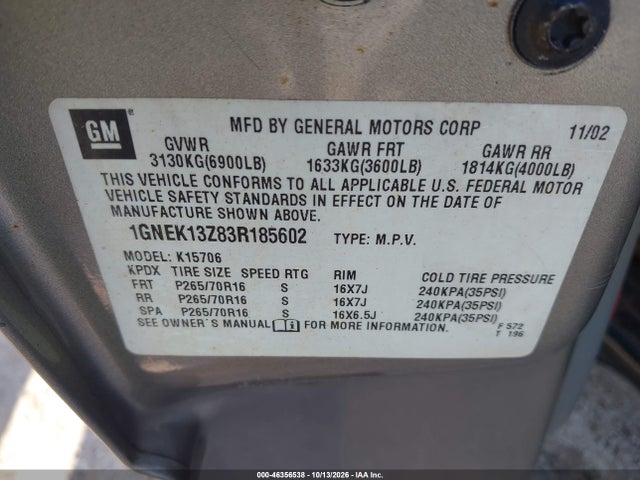 Продаж на аукціоні авто 2003 Chevrolet Tahoe Lt, vin: 1GNEK13Z83R185602, номер лоту: 46356538