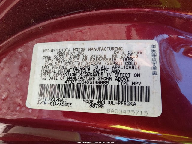 46356544 :رقم المزاد ، 4T3ZF13C4XU148689 vin ، 1999 Toyota Sienna Le مزاد بيع