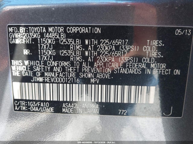 Продажа на аукционе авто 2013 Toyota Rav4 Xle, vin: JTMWFREV0DD012116, номер лота: 46356599