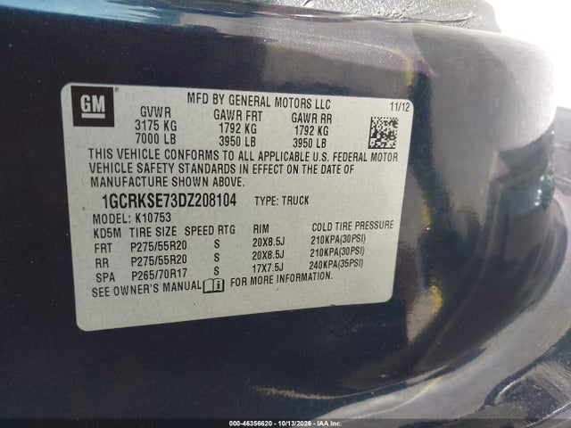46356620 :رقم المزاد ، 1GCRKSE73DZ208104 vin ، 2013 Chevrolet Silverado 1500 Lt مزاد بيع