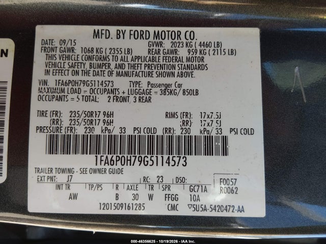 46356625 :رقم المزاد ، 1FA6P0H79G5114573 vin ، 2016 Ford Fusion Se مزاد بيع