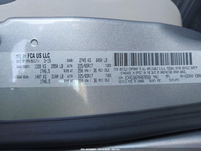 Aukcja sprzedaży 2019 Dodge Grand Caravan Se, vin: 2C4RDGBG7KR676520, numer aukcji: 46356690