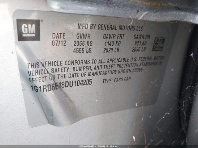 Auction sale of the 2013 Chevrolet Volt, vin: 1G1RD6E48DU104205, lot number: 46356699