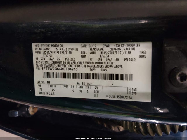 Продаж на аукціоні авто 2019 Ford F-250 Xl, vin: 1FT7W2B64KEF04213, номер лоту: 46356788
