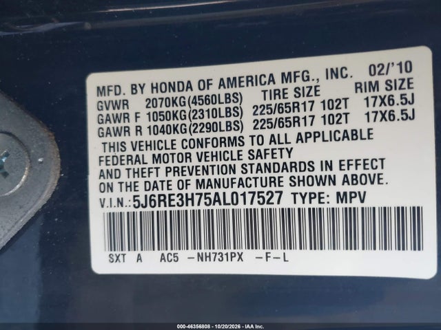 Aukcja sprzedaży 2010 Honda Cr-v Ex-l, vin: 5J6RE3H75AL017527, numer aukcji: 46356808