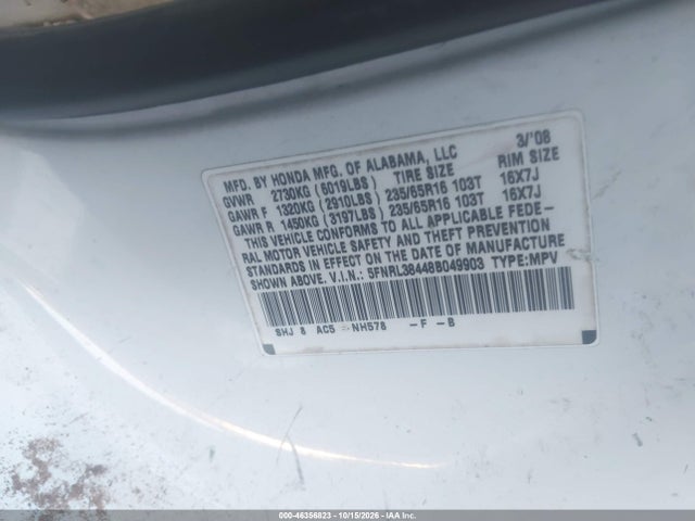 2008 Honda Odyssey Ex მანქანა იყიდება აუქციონზე, vin: 5FNRL38448B049903, აუქციონის ნომერი: 46356823