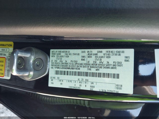 Aukcja sprzedaży 2021 Ford Escape Se, vin: 1FMCU0G69MUB01530, numer aukcji: 46356834