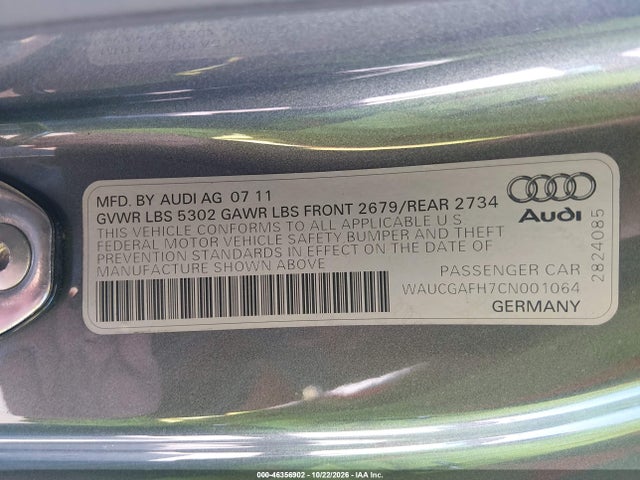 2012 Audi S5 3.0 Premium Plus მანქანა იყიდება აუქციონზე, vin: WAUCGAFH7CN001064, აუქციონის ნომერი: 46356902