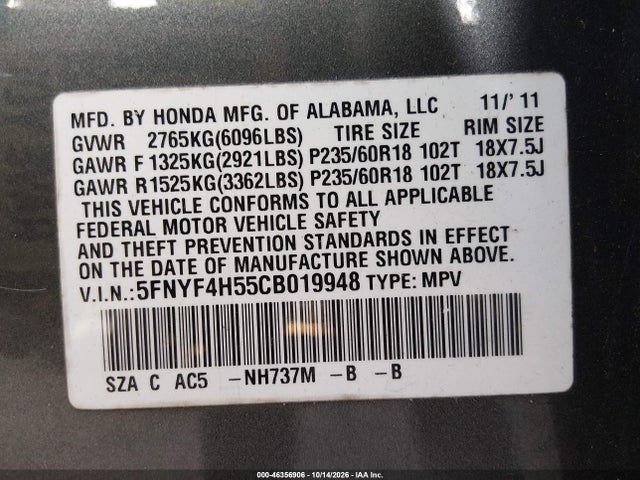 Продажа на аукционе авто 2012 Honda Pilot Ex-l, vin: 5FNYF4H55CB019948, номер лота: 46356906