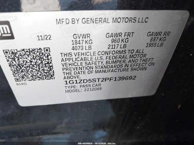 2023 Chevrolet Malibu Fwd 1lt მანქანა იყიდება აუქციონზე, vin: 1G1ZD5ST2PF139692, აუქციონის ნომერი: 46356928