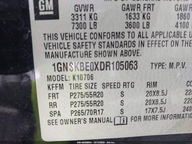 46356934 :رقم المزاد ، 1GNSKBE0XDR105063 vin ، 2013 Chevrolet Tahoe Lt مزاد بيع