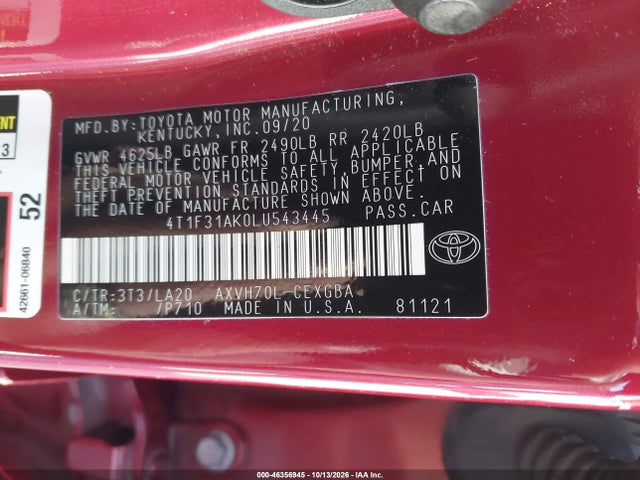 Aukcja sprzedaży 2020 Toyota Camry Hybrid Xle, vin: 4T1F31AK0LU543445, numer aukcji: 46356945