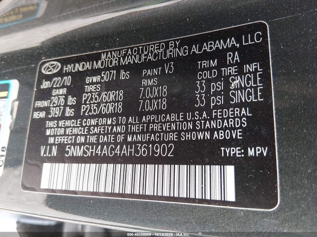 Продаж на аукціоні авто 2010 Hyundai Santa Fe Se, vin: 5NMSH4AG4AH361902, номер лоту: 46356969
