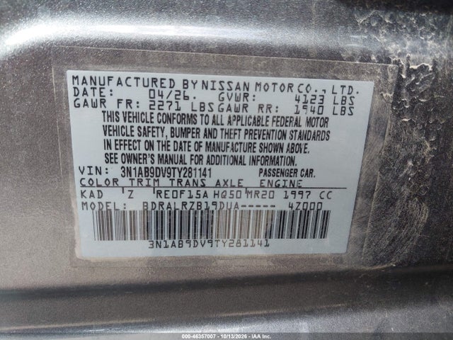 2026 Nissan Sentra Sr მანქანა იყიდება აუქციონზე, vin: 3N1AB9DV9TY281141, აუქციონის ნომერი: 46357007