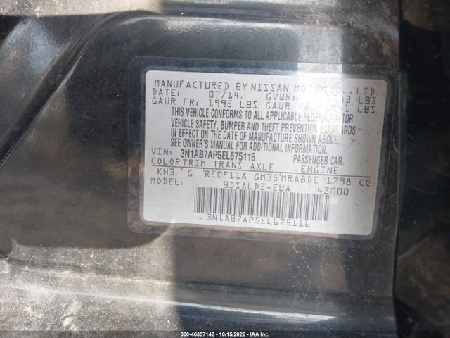 Aukcja sprzedaży 2014 Nissan Sentra Sv, vin: 3N1AB7AP5EL675116, numer aukcji: 46357142