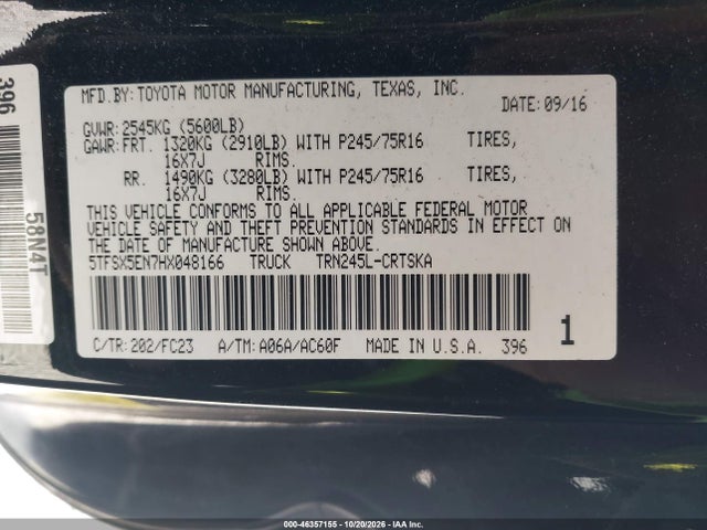 46357155 :رقم المزاد ، 5TFSX5EN7HX048166 vin ، 2017 Toyota Tacoma Sr5 مزاد بيع