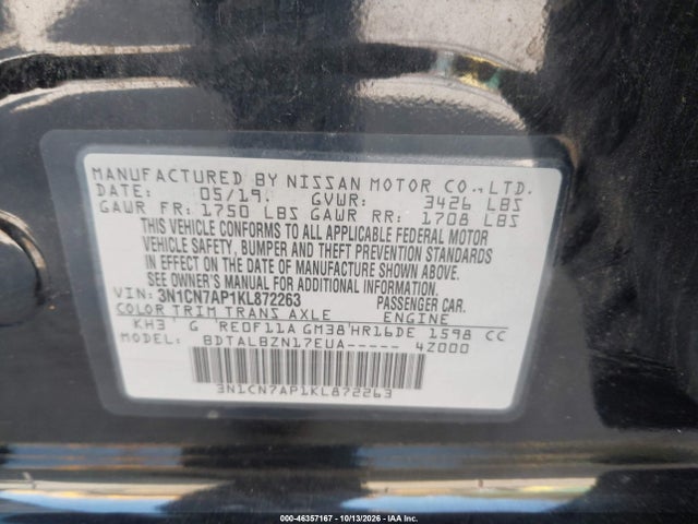 46357167 :رقم المزاد ، 3N1CN7AP1KL872263 vin ، 2019 Nissan Versa 1.6 Sv مزاد بيع