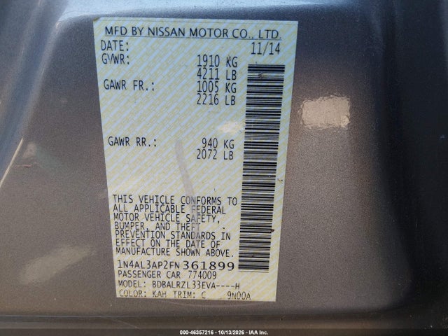 46357216 :رقم المزاد ، 1N4AL3AP2FN361899 vin ، 2015 Nissan Altima 2.5 Sl مزاد بيع