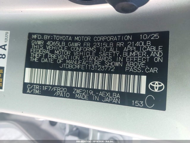 2026 Toyota Corolla Hybrid Hybrid Le მანქანა იყიდება აუქციონზე, vin: JTDBCMFE1T3123772, აუქციონის ნომერი: 46357234
