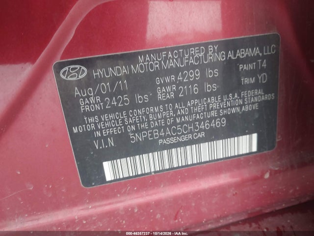 46357237 :رقم المزاد ، 5NPEB4AC5CH346469 vin ، 2012 Hyundai Sonata Gls مزاد بيع