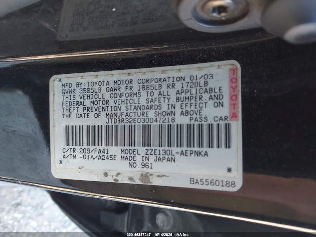 46357247 :رقم المزاد ، JTDBR32E030047218 vin ، 2003 Toyota Corolla Le مزاد بيع