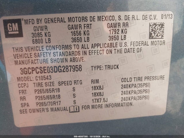 Aukcja sprzedaży 2013 Chevrolet Silverado 1500 Lt, vin: 3GCPCSE03DG287958, numer aukcji: 46357305
