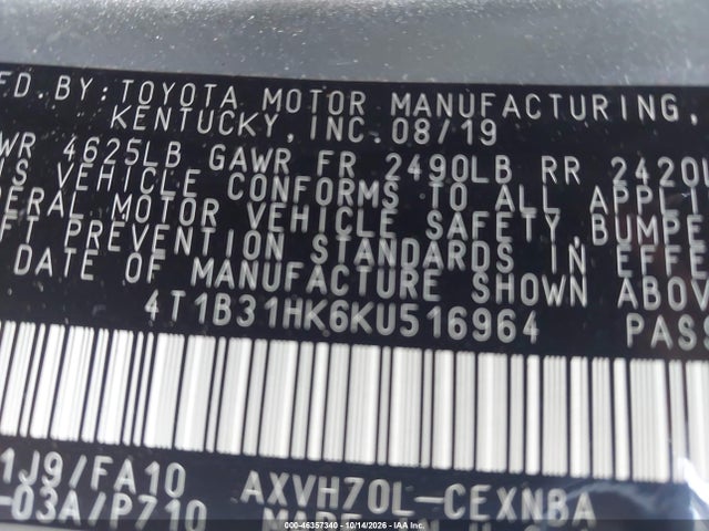 Продаж на аукціоні авто 2019 Toyota Camry Hybrid Le, vin: 4T1B31HK6KU516964, номер лоту: 46357340